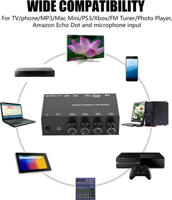 Zdjęcie produktu dla Mini mikser karaoke z funkcją redukcji szumów, 3 wejściami RCA i 1 wyjściem RCA, dźwiękiem stereo, mini mikserem DJ-skim