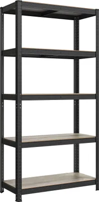A black metal shelving unit with five wooden shelves, shown against a white background.