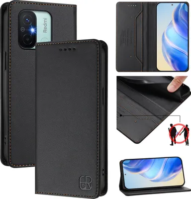 Image de Etui en cuir pour Xiaomi Redmi 12C, étui à rabat avec fentes pour cartes, portefeuille et support Noir