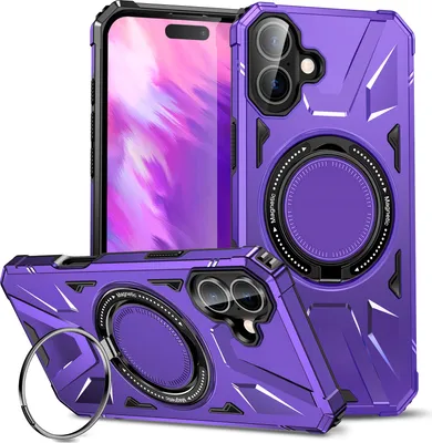 Immagine prodotto di Custodia a doppio strato per iPhone 16 compatibile con MagSafe, robusta custodia di protezione con supporto ad anello magnetico Viola
