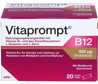 Produktbild von Vitaprompt B12 500 μg Direktsticks mit Waldfrucht-Geschmack zur Reduktion von Müdigkeit und Erschöpfung, 20 St. Sticks