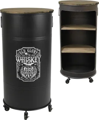 Image de Bar bidon ouvert avec roulettes style industriel collection OLD GLORY. Diamètre 50cm, hauteur 100cm