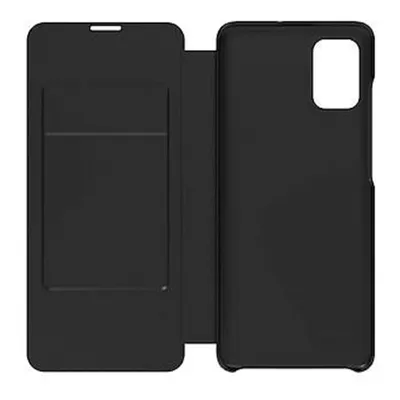 A black wallet flip cover for a smartphone, shown open.