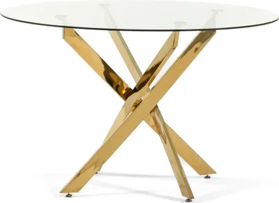 A round glass-top dining table with a gold-colored metal base.