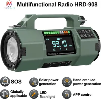 Immagine prodotto di HRD-908 - Radio a manovella - Radio di emergenza - Bluetooth - Torcia LED - Powerbank 5000 mAh - Radio FM - Display 6×3,5 cm - Verde