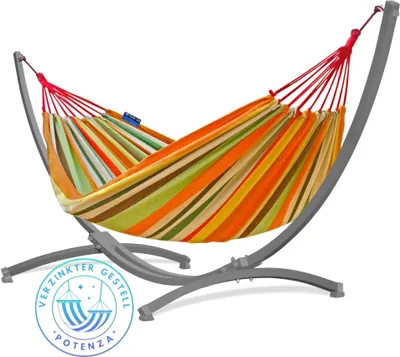 Produktbild von Potenza Outdoor Hängematte mit Verzinkter Gestell für 2 Personen I Baumwolle Doppelhängematte XXL 220x160, 200kg I Grau Hängemattengestell 220kg, wetterfest
