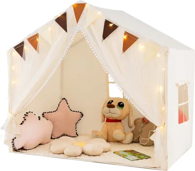 Produktbild von DREAMADE Kinderspielzelt, Hauszelt mit 3 Fenstern und Matte, Spielhaus mit Lichtern und Fahnen, ideal für 3+ Jahre, 146 x 96 x 133 cm