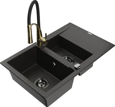 Image de Mexen Gaspar évier en granit 1,5 bac avec égouttoir et mitigeur Aster, noir/or métallisé - 6507-75-73450-57-B