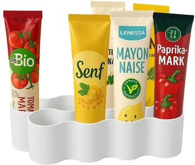 Obrázek produktu pro Držák na tuby Ibenzoa® vyrobený z PLA, bílý – pro až 8 tub (průměr 40 mm), organizér do kuchyně a lednice, zabraňuje sklouzávání
