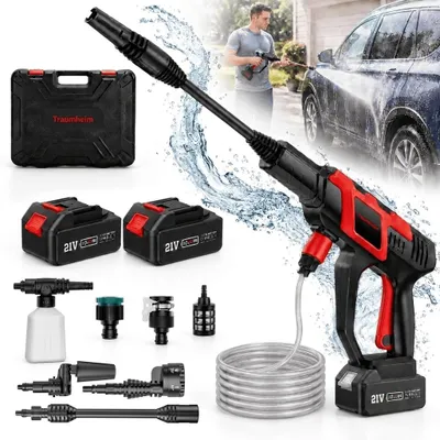 Produktbild von Akku Hochdruckreiniger, Pro Max Pumpenkörper,120BAR Starker Wasserdruck mit Verlängerungsstange,6-in-1 Düse, 0-180°Düse,KFZ-Reiniger mit 2x 4,0Ah Akku