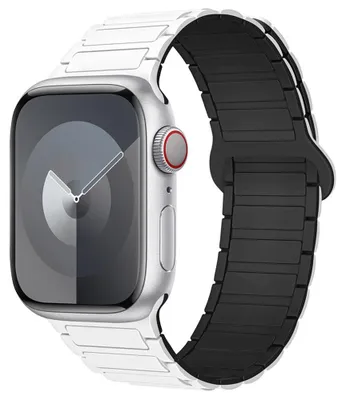 Image de Bracelet pour Apple Watch Series 11 10 9 8 SE 7 6 5 4 3 2 1 Ultra 1/2/3, 42mm-44mm-45mm-46mm-49mm Silicone Magnétique Blanc/Noir