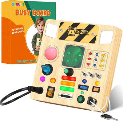 Image de Tableau d'activités Montessori pour enfants à partir de 1 an - Jouet en bois avec 12 interrupteurs - 23 LED - Jouet de motricité - Tableau d'activités