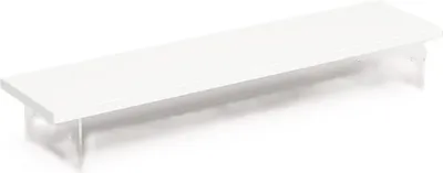 A white computer monitor stand with clear acrylic legs, shown from a slight angle against a white background.