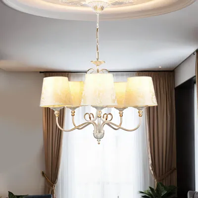 Produktbild von Kronleuchter Shabby Gold mit Stoff Schirm wohnlich 5-flammig GANARA Lampe Esszimmer Wohnzimmer