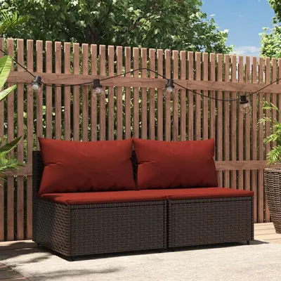 Image de vidaXL Canapé central de jardin avec coussins 2 pcs. Marron Poly Rattan