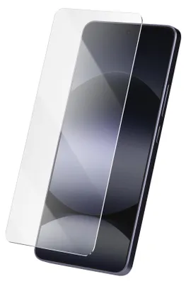 A transparent screen protector is shown partially covering a smartphone.