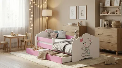 Produktbild von Happy Babies Kinderbett - Mit Matratze & Schublade und Rausfallschutz, 80x160, Mädchen Kinderbetten & Jugendbett Jungen Kids Bed
