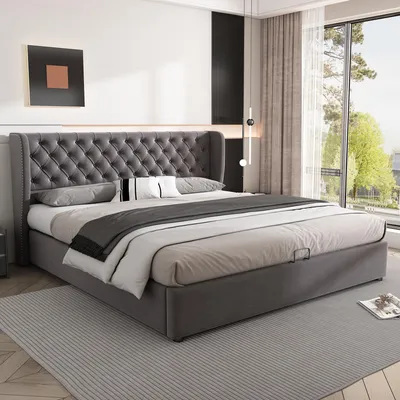 Image de OKWISH Lit coffre 180x200 - Lit double avec sommier à lattes et coffre hydraulique - Velours - Sans Matelas - Gris