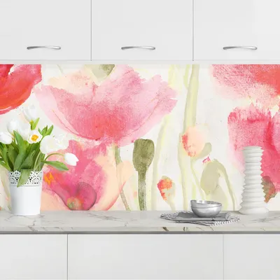 Produktbild von Küchenrückwand Blumen selbstklebend - 0.65 mm Wandpaneel wasserfest Mohnblume rot Aquarell Spritzschutz fugenlos