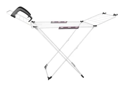 A white drying rack for clothes is shown against a white background.