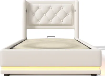 Produktbild von Flieks Polsterbett 90x200cm mit USB & Typ-C, Einzelbett Jugendbett mit LED, Hydraulisches Stauraumbett Boxspringbett mit Lattenrost, Kunstleder, Weiß