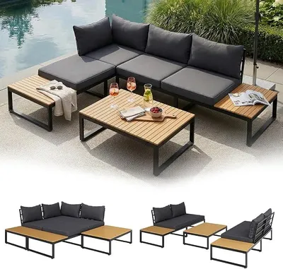 Obrázek produktu pro Zandra Gartenlounge – modulární set venkovního nábytku se sedací soupravou do rohu a stolem, odolný vůči povětrnostním vlivům. Balkonový nábytek vyrobený z akáciového dřeva a oceli, s polštáři v černé barvě. Pohodlný nábytek pro zahradu, terasu nebo balkon