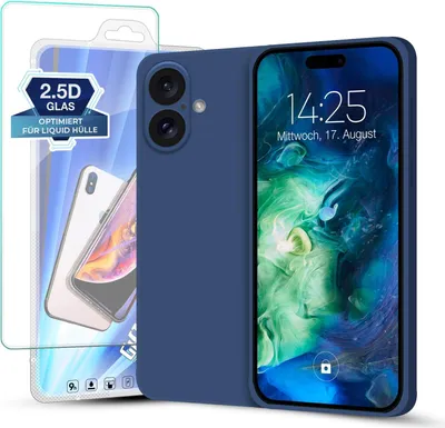 Produktbild von Hülle für Apple iPhone 16 mit 9H Displayglas Displayschutz Plus Case Cover Bumper Silikon Softgrip Schutzhülle Farbe: Blau