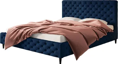 Produktbild von Polsterbett LUX MIAMI mit Kopfteil, 180 x 200 cm, Doppelbett mit Lattenrost aus Holz, Velourstoff Dunkelblau, Füße in Farbe: Schwarz