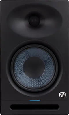 A front view of a black studio monitor speaker with a blue woofer.
