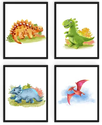 Produktbild von WIETRE® 4er Set Bilder Dinosaurier Kinderzimmer - mit schwarze Rahmen