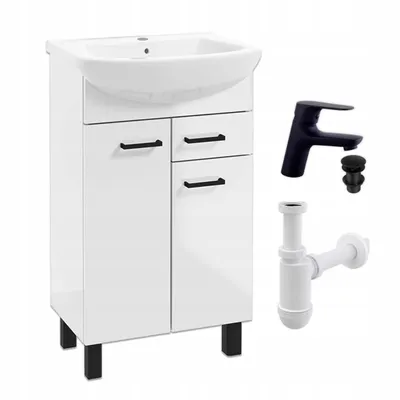 Produktbild von Stamar |  Badezimmerschrank mit Waschbecken - 50 cm Lack - Weiße - Schwarz - Klick-Klack Armatur