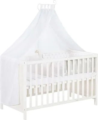 Produktbild von roba Mulitfunktionsbett Sterne grau mit Beistellfunktion, Lattenrost, Matratze, Bettreduzierer, Himmel, Himmelstange, Kinderbett, Anstellbett, Babybett, höhenverstellbar, Liegefläche 60x120 cm, weiß
