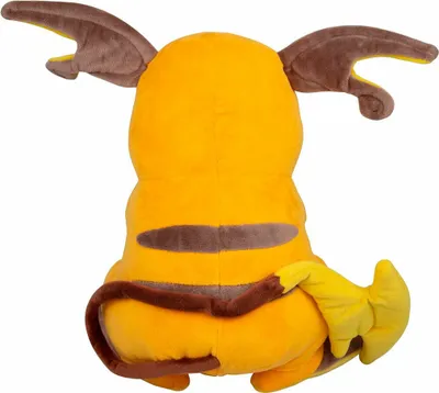 The back of a yellow plush toy with brown stripes and ears.
