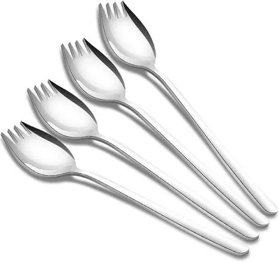 Immagine prodotto di Set di forchette-cucchiaio 2-in-1 Ibzenoa® in acciaio inossidabile, composto da 4 pezzi – posate lavabili in lavastoviglie con manico lungo, ideali per campeggio, viaggi e uso quotidiano