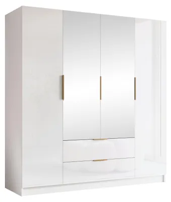 Produktbild von MIRJAN24 Kleiderschrank Sofia II 200, Schlafzimmer, mit Spiegel, Drehtürenschrank, mit Kleiderstange, Modern, Garderobenschrank, Metallgriffe (Farbe: Weiß / Weiß Hochglanz + Gold)