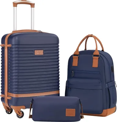 Produktbild von Koffer Reisekoffer von ABS Hartschalen Trolley 4 Rollen TSA-Schloss Der Koffer Enthält 1 Reiserucksack und 1 Kulturbeutel (Grau/Rosa, Handgepäck-Set 3