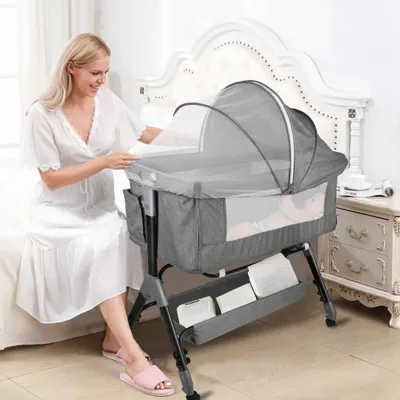 Produktbild von 2 in1 Beistellbett Baby,Babybetten Reisebett Babybett Höhenverstellbar Babybett, neigbar, Kinderbett inkl. Matratze und Moskitonetz Grau