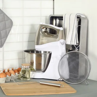 Produktbild von Orion Küchensieb Stahl, Länge 31 cm, Durchmesser 22 cm, Silber, mit langem Griff und Haken, aufhängbar, spülmaschinengeeignet