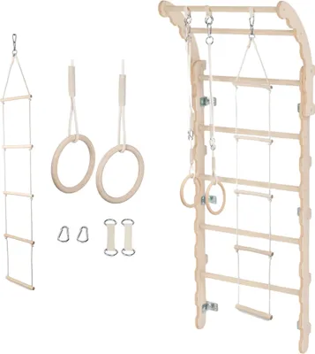 A collection of wooden gymnastic equipment for children, including a wall-mounted ladder, rings, and a climbing rope, displayed against a white background.