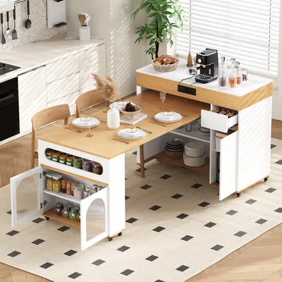 Produktbild von okwish Kücheninsel Ausziehbarer Esstisch mit Erweiterbare Tischplatte,Küchentisch mit Rollen und Sideboard,Klapptisch Mit Steckdosenleiste Für Küche Und Essbereich,Weiß