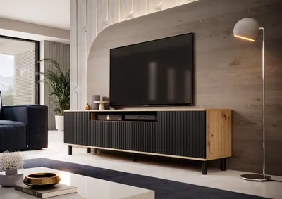 Produktbild von TV-Schrank 200 cm, Fernsehtisch, Lowboard, Eiche Artisan, Schwarze Lamellenfronten, Schwarze Metallfüße Capri Premium