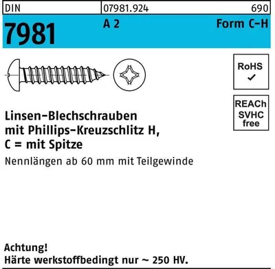 Produktbild von Reyher  Blechschrauben DIN 7981 A 2 6,3 x 50 -C-H A 2 (100 Stück)