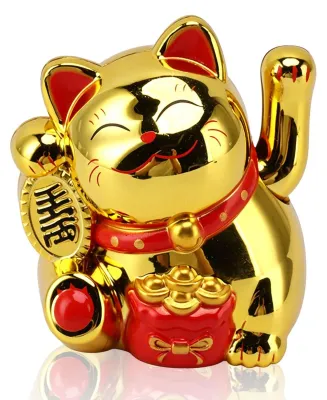 Productafbeelding van Zwaaiende gelukskat - Zonnepaneelvoeding met bewegende arm - Decoratieve kattenbeeldje - Goud - 5,1 cm