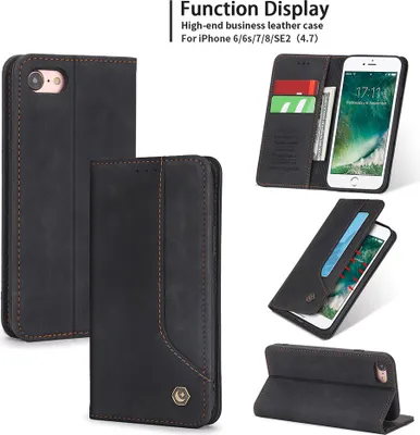 Produktbild von iPhone SE 2020 Hülle, LaimTop Retro Kunstledertasche Schutzhülle mit Kartenfach Standfunktion für iPhone SE 2020 / iPhone 8 / 7 / 6 / 6s Schwarz