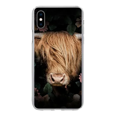 Produktbild von MuchoWow® Handyhülle Schutzhülle Hülle für iPhone Xs Schottischer Highlander - Kuh - Blätter Silikon Softcase Handy Hülle - Handytasche