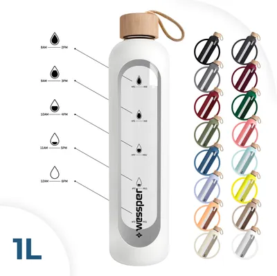 Produktbild von Wessper Trinkflasche Glas Mit Silikonhülle, Wasserflasche Mit  Transparente Wasserflasche Aus Borosilikat Glas, Weiß 1L