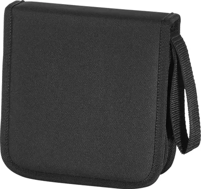 A black CD case with a handle is shown against a white background.