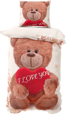 A teddy bear bedding set with a pillow and duvet cover featuring a teddy bear holding a heart.