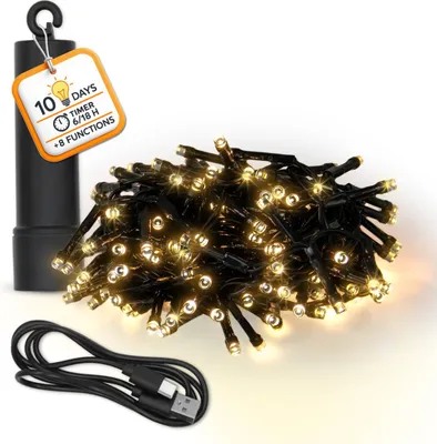 Produktbild von Akku Lichterkette USB aufladbar bis 10 Tage Leuchtdauer mit Timer - 160 LED auf 4m - Außen Dekolicht warm weiß mit 8 Funktionen