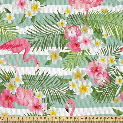 Produktbild von ABAKUHAUS Flamingo Satin Stoff als Meterware, Flamingos Mit Exotischen Hawaiien Blättern Blüht Auf Gestreiftem Vintage Hintergrund, 5 M (148 x 500 cm), Grün Weiß Rosa